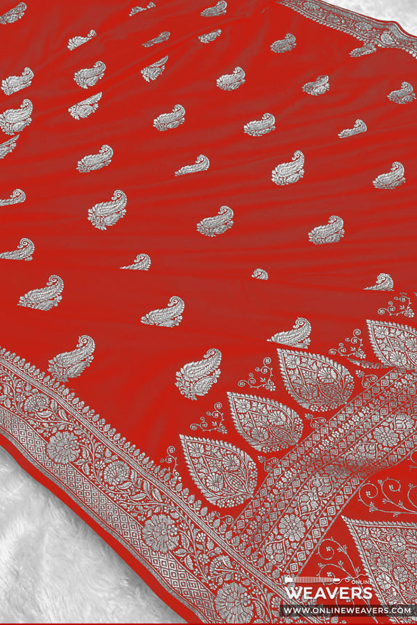 Red Banarasi Mashru Silk Saree with intricate paisley motifs and zari woven work | KL141 | Online Weavers