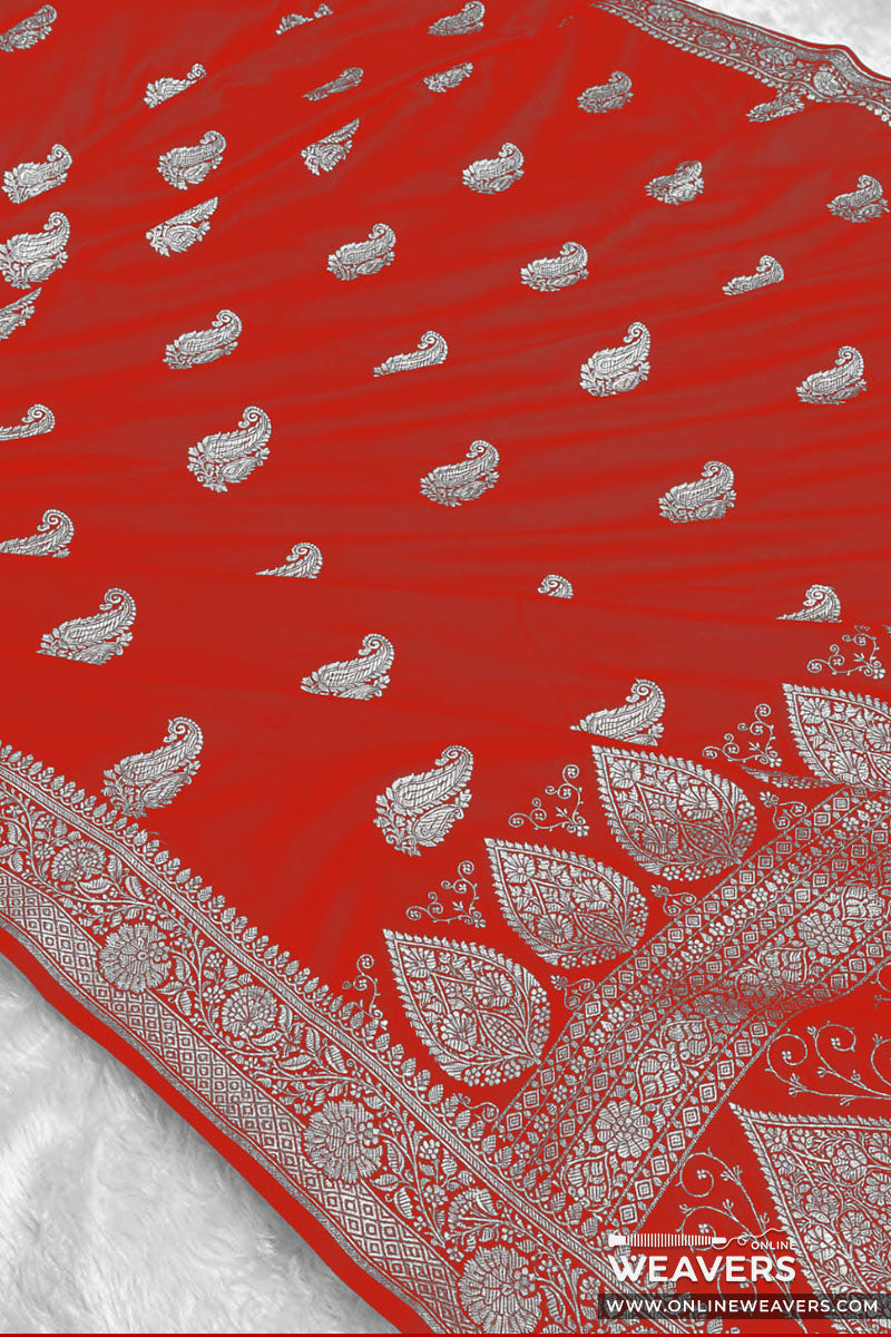 Red Banarasi Mashru Silk Saree with intricate paisley motifs and zari woven work | KL141 | Online Weavers