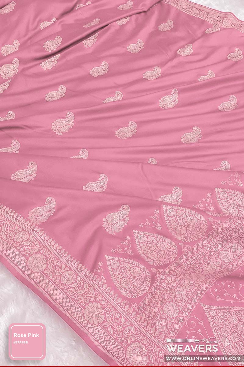 A Rose Pink Banarasi Mashru Silk Saree with intricate paisley zari motifs woven| KL160 | branding 'Online Weavers"