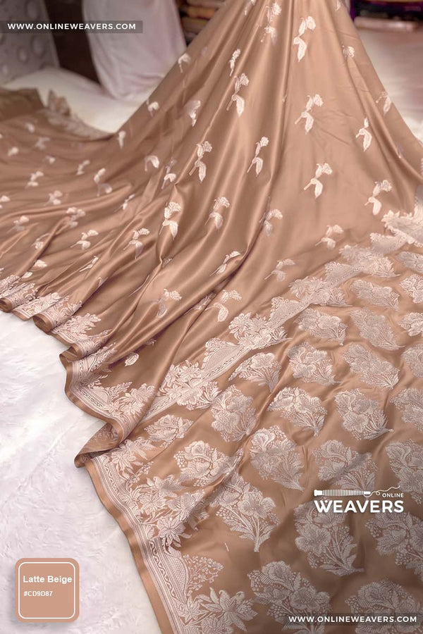Royal Warm Beige Banarasi silk saree with intricate gold zari rose floral woven work, Latte color, coffee color, "OnlineWeavers' branding