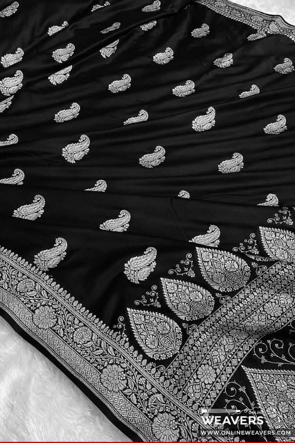 Black Banarasi Mashru Silk Saree with intricate paisley motifs and zari woven work | KL141 | Online Weavers