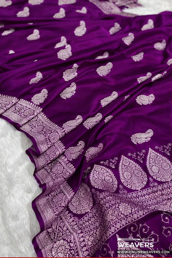 Purple Banarasi Mashru Silk Saree with intricate paisley motifs and zari woven work | KL141 | Online Weavers
