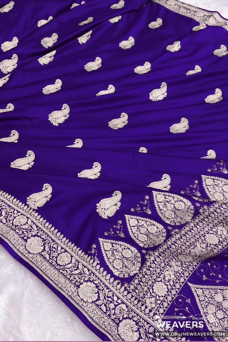 A Indigo Purple Blue Banarasi Mashru Silk Saree with intricate paisley motifs and zari woven work | KL145 | Online Weavers