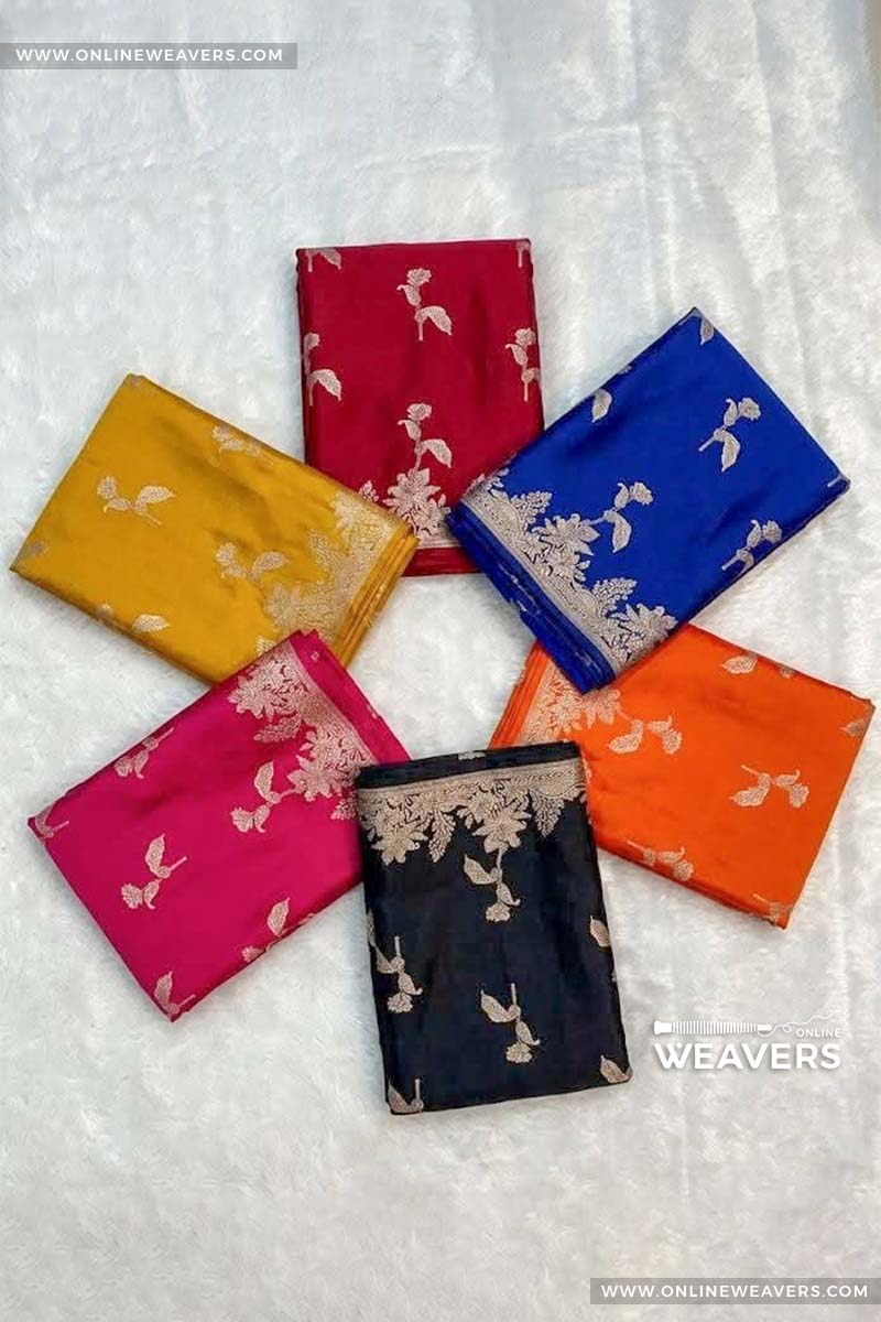 six Banarasi sarees with intricate gold zari woven rose motifs in different colors like red, yellow, pink, green, blue, orange, black 