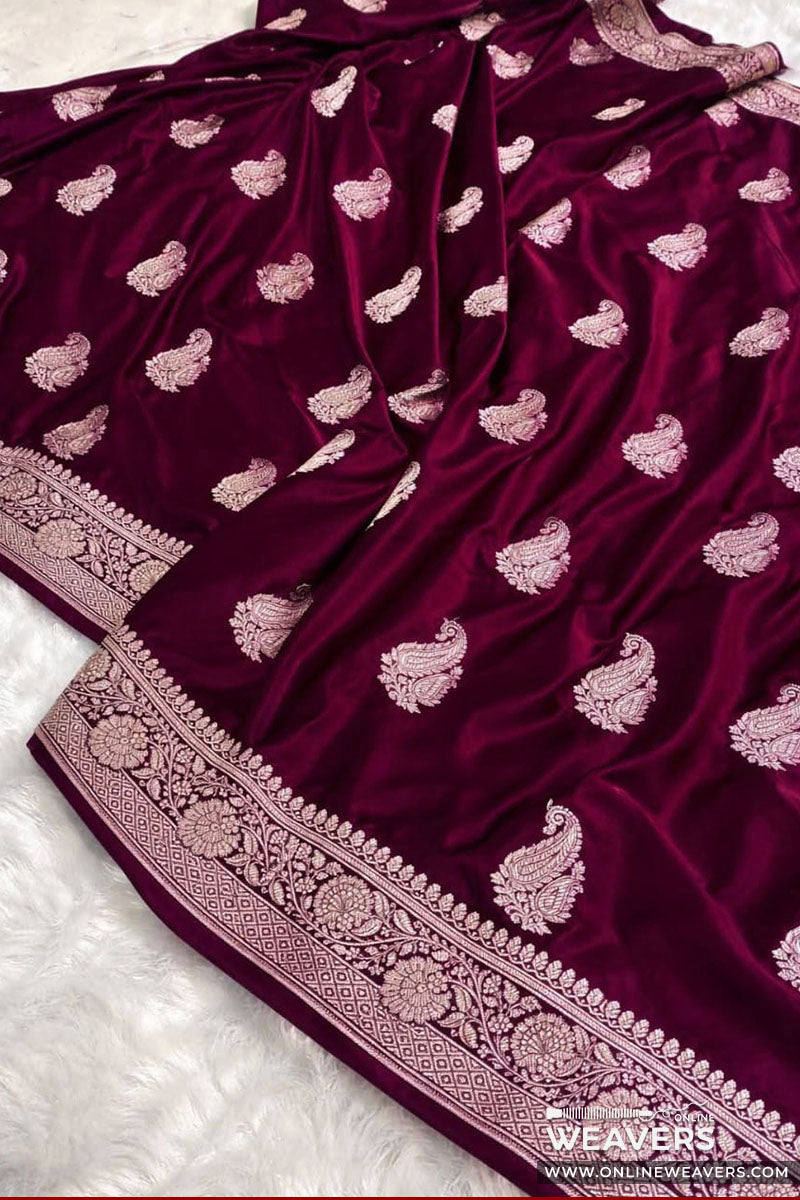 Maroon Red Banaarsi saree with intricate paisley motifs