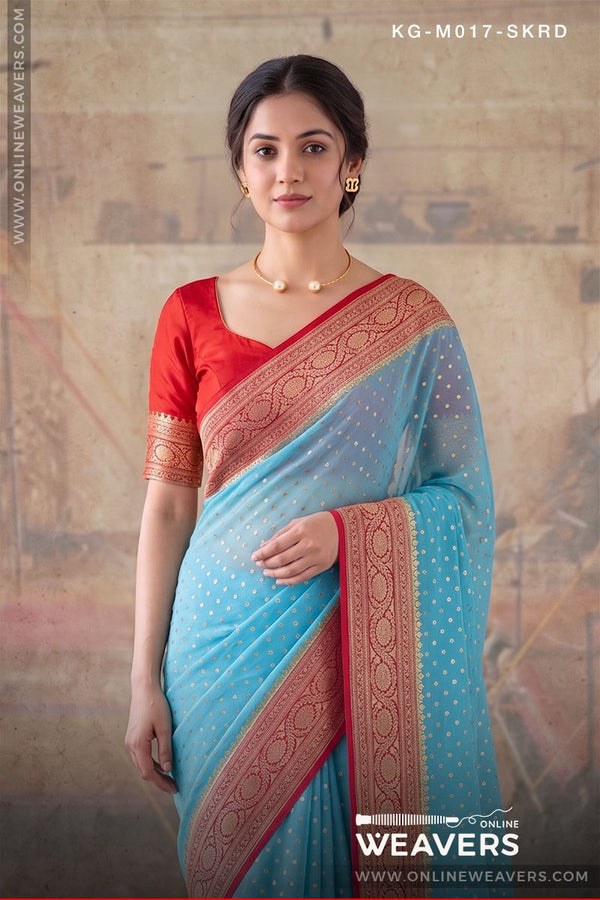 Baby Blue Red Khaddi Georgette Saree Banaras manufacturer-onlineweavers.com