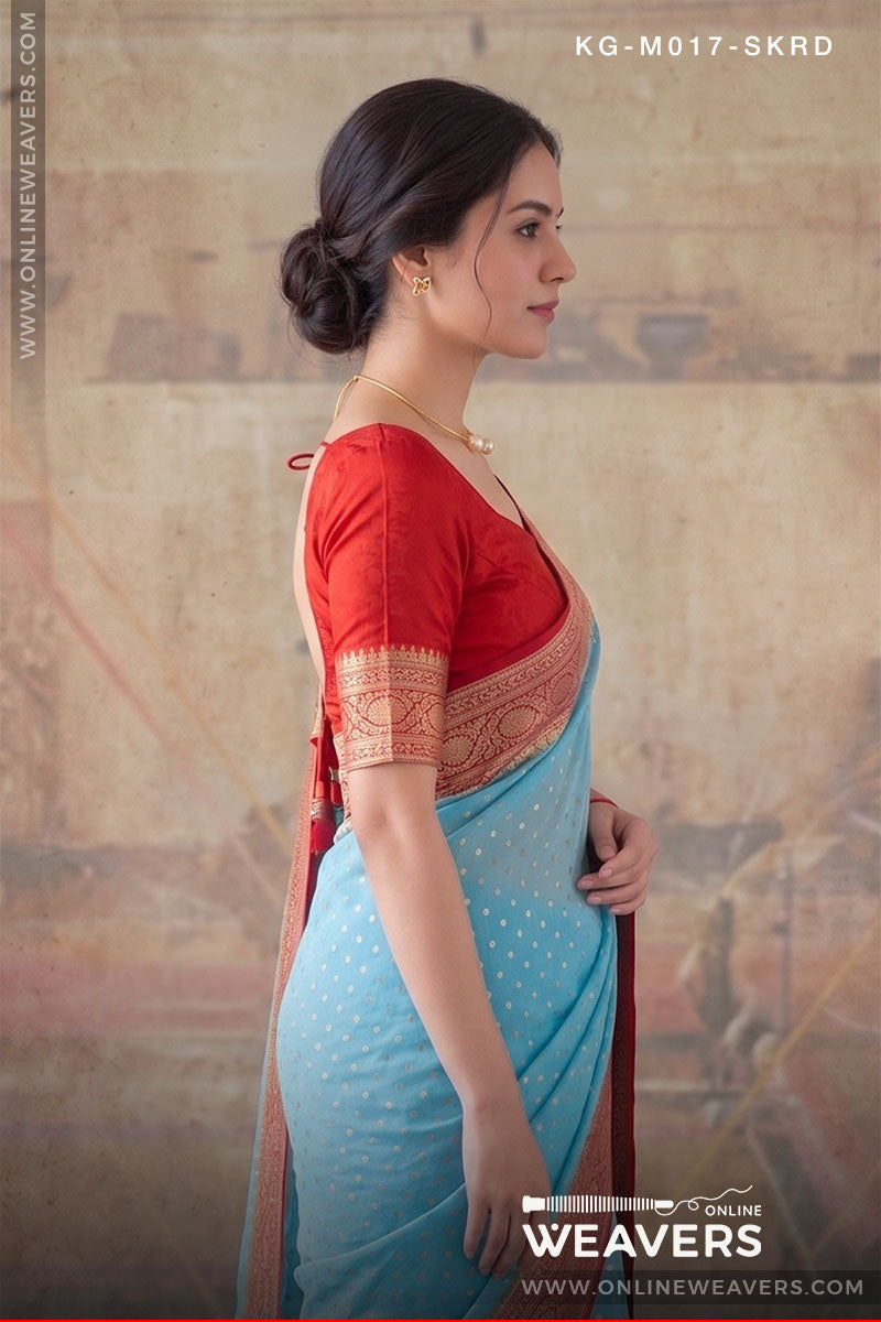 Baby Blue Red Khaddi Georgette Saree Banaras manufacturer-onlineweavers.com