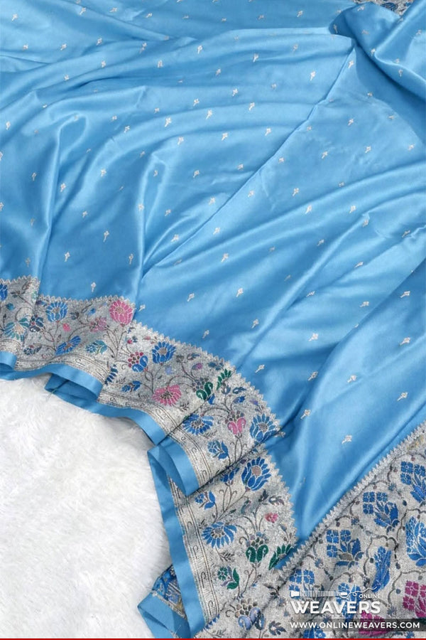 Buy Baby Blue Banarasi Mashru Silk Saree With Floral Meena Bordar-KLM108 | Online Weavers
