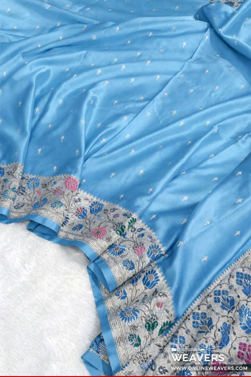 Buy Baby Blue Banarasi Mashru Silk Saree With Floral Meena Bordar-KLM108 | Online Weavers