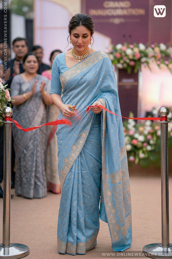 Baby Blue Banarasi Silk Saree with OnlineWeavers.com branding