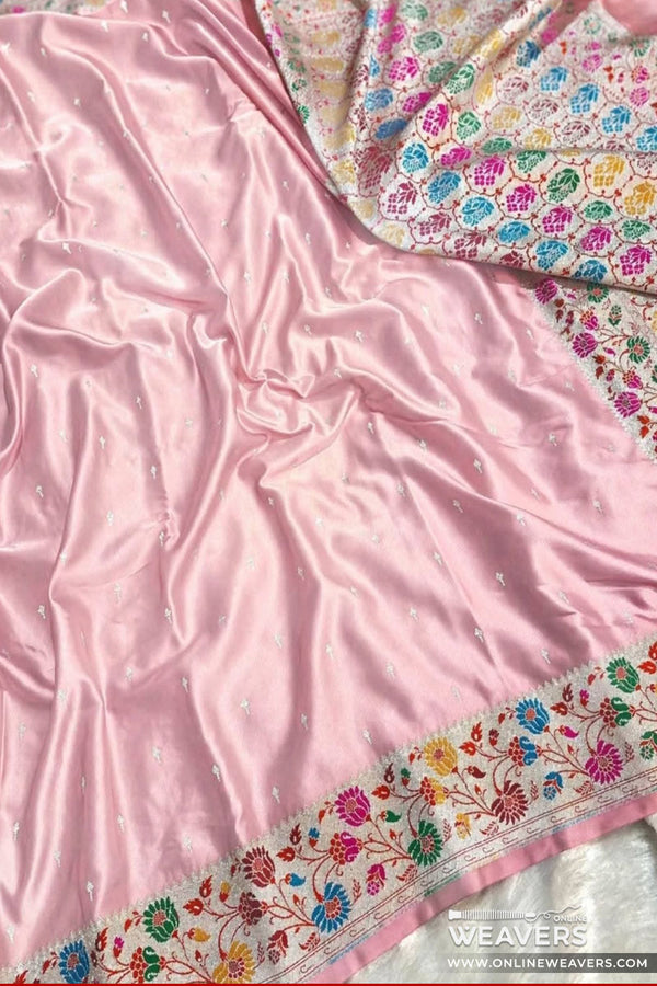 Buy Pink Banarasi Mashru Silk Saree With Floral Meena Bordar-KLM109 | OnlineWeavers