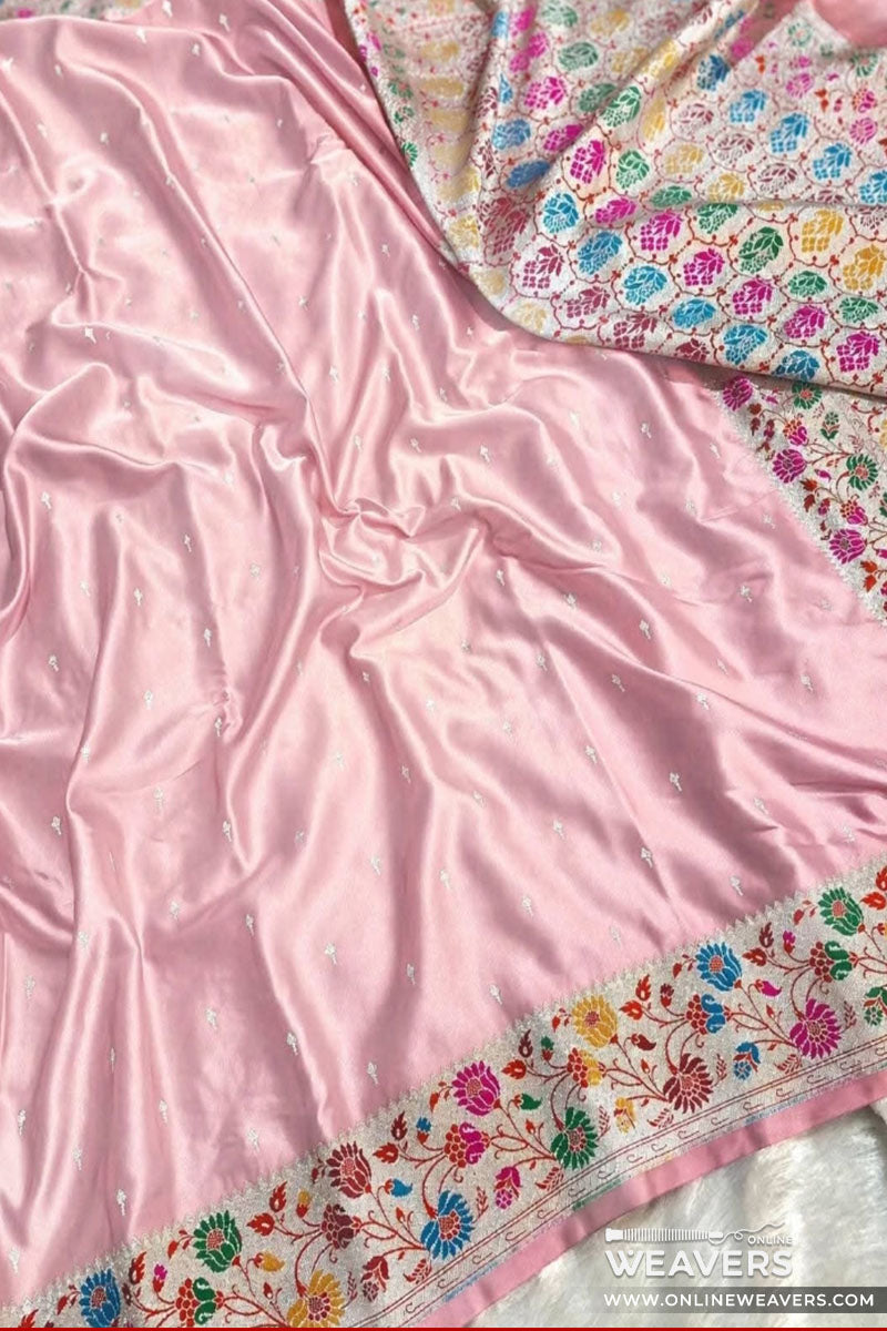 Buy Pink Banarasi Mashru Silk Saree With Floral Meena Bordar-KLM109 | OnlineWeavers