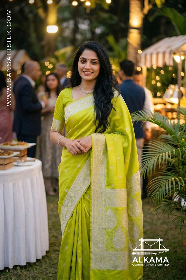 Liril green Banarasi Mashru silk saree with 'Varanasi saree Manufacturer weaver' branding