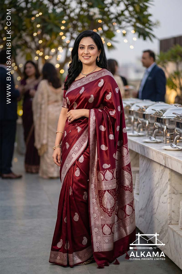 red Banarasi Mashru silk saree with 'Varanasi saree Manufacturer weaver' branding
