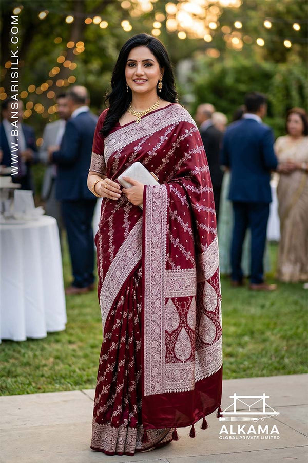 maroon red Banarasi Mashru silk saree  with 'Varanasi saree Manufacturer weaver' branding