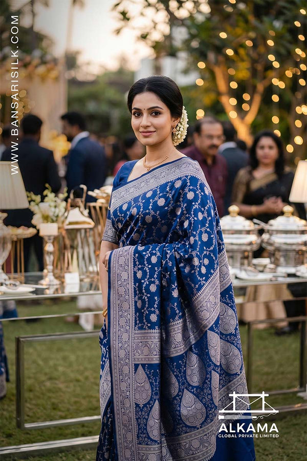 Blue Banarasi Mashru silk saree with 'Varanasi saree Manufacturer weaver' branding