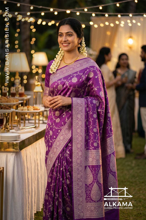 Purple Banarasi Mashru silk saree with 'Varanasi saree Manufacturer weaver' branding