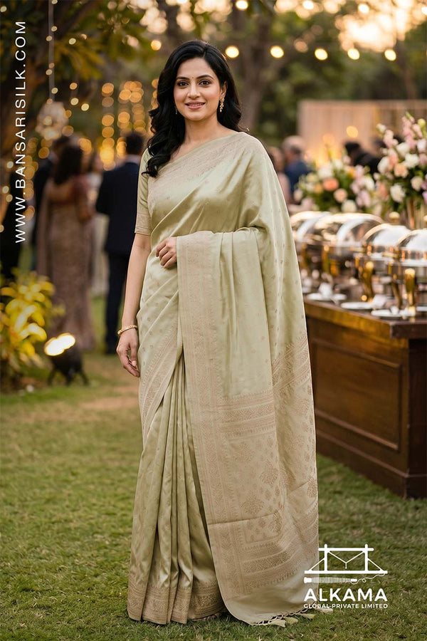 Pista green Banarasi Mashru silk saree with 'Varanasi saree Manufacturer weaver' branding