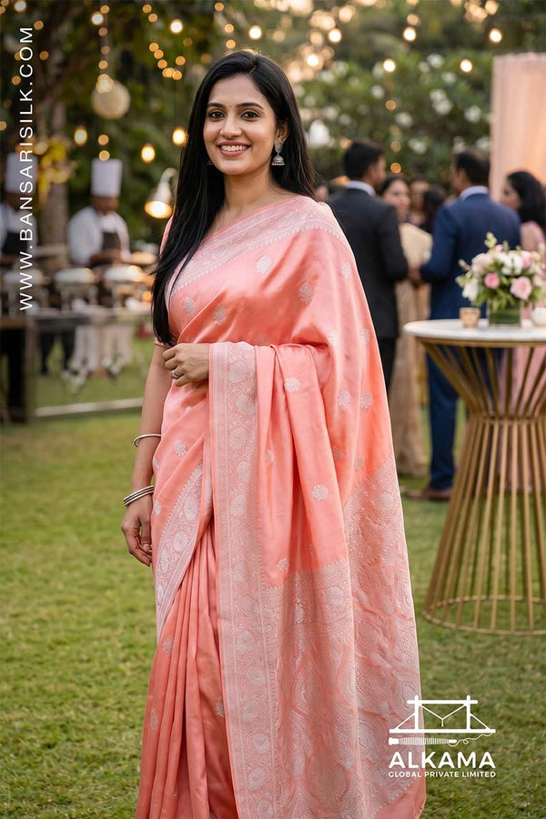 orange-peach Banarasi Mashru silk saree with 'Varanasi saree Manufacturer weaver' branding