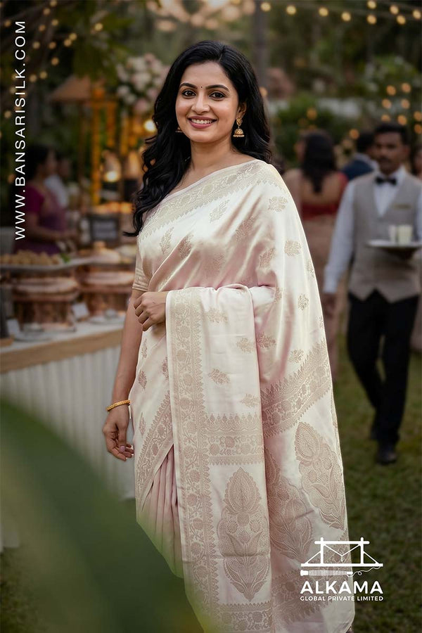 Ivory white Banarasi Mashru silk saree with 'Varanasi saree Manufacturer weaver' branding