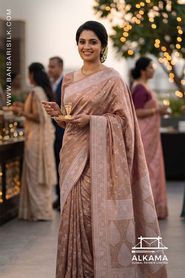 Beige-Peach Banarasi Mashru silk saree with 'Varanasi saree Manufacturer weaver' branding