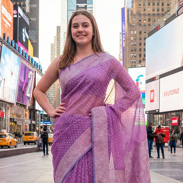 Woman wearing a purple pure cotton saree in Times Square, New York City