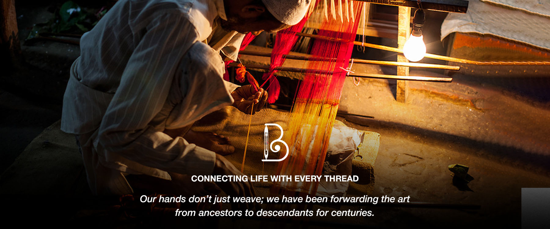 Person weaving at a Banarasi loom with a Online Weavers brand logo and text overlay indicating manufacturer BTS