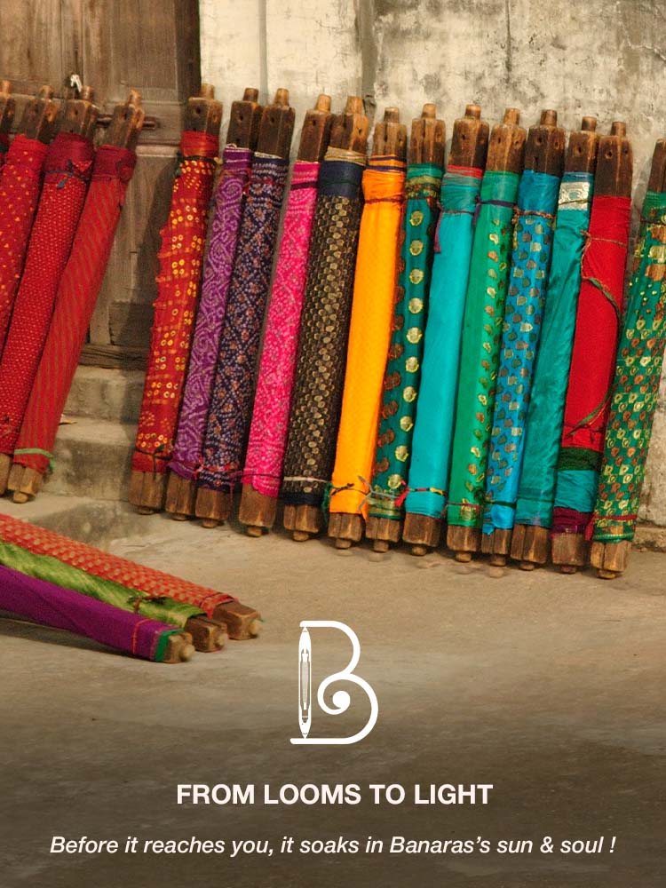 Colorful sarees on display with a Onlineweavers brand logo and text in the foreground.