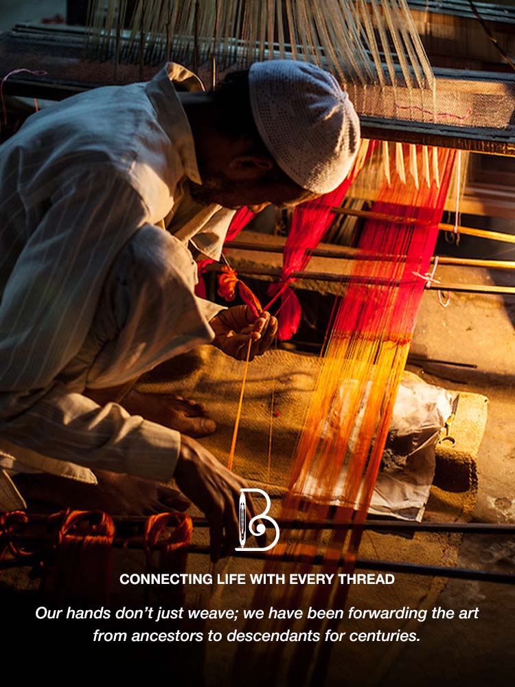 Person weaving at a Banarasi loom with a Online Weavers brand logo and text overlay indicating manufacturer BTS