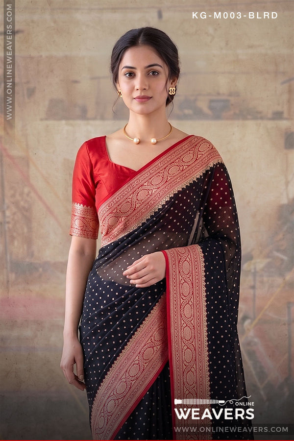 Black Red Khaddi Georgette Saree Banaras manufacturer-onlineweavers.com