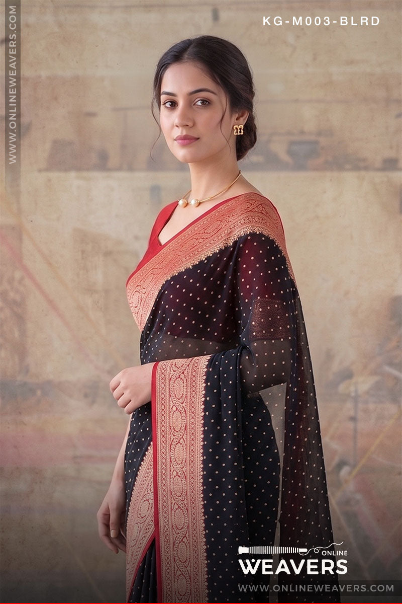 Black Red Khaddi Georgette Saree For Wedding-onlineweavers.com