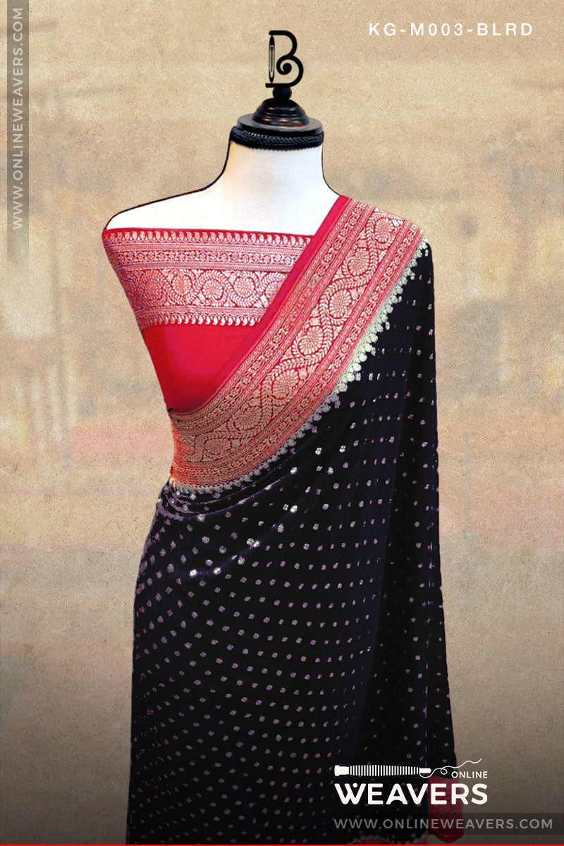 Black Red Khaddi Georgette Saree Banaras manufacturer-onlineweavers.com