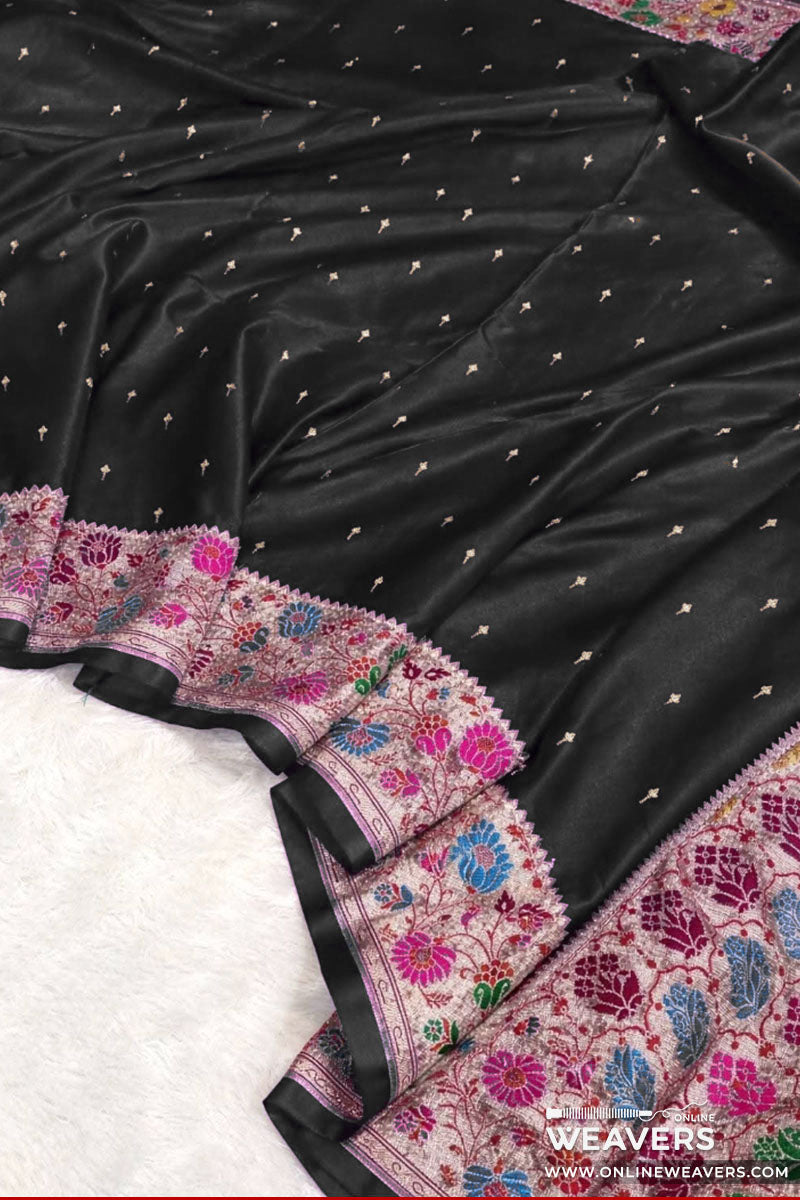 Rich Black Mashru Silk Banarasi Saree with small motfis and floral meenakari border-KL136 | OnlineWeavers