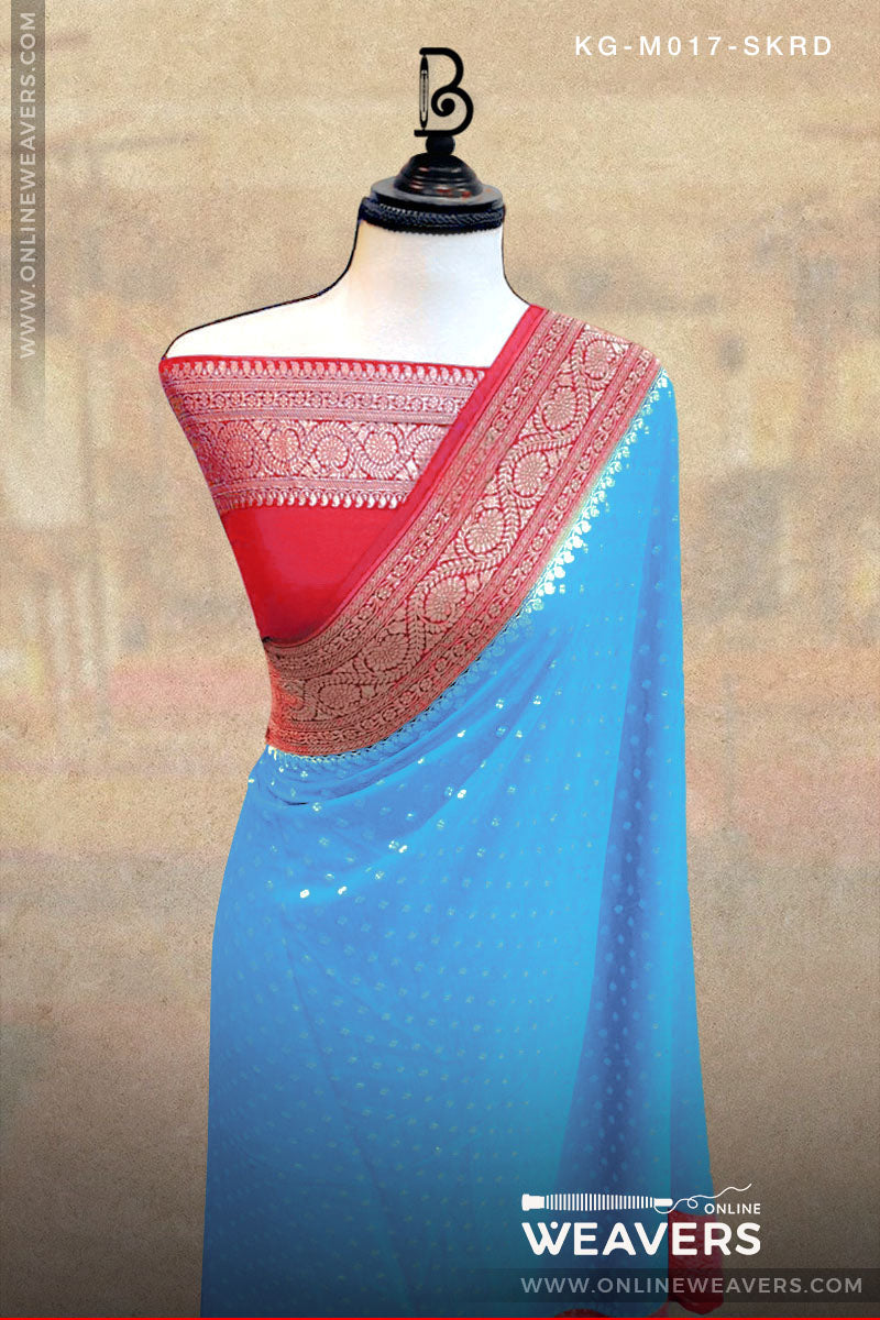 Sky Blue Red Khaddi Georgette Saree Banaras manufacturer-onlineweavers.com