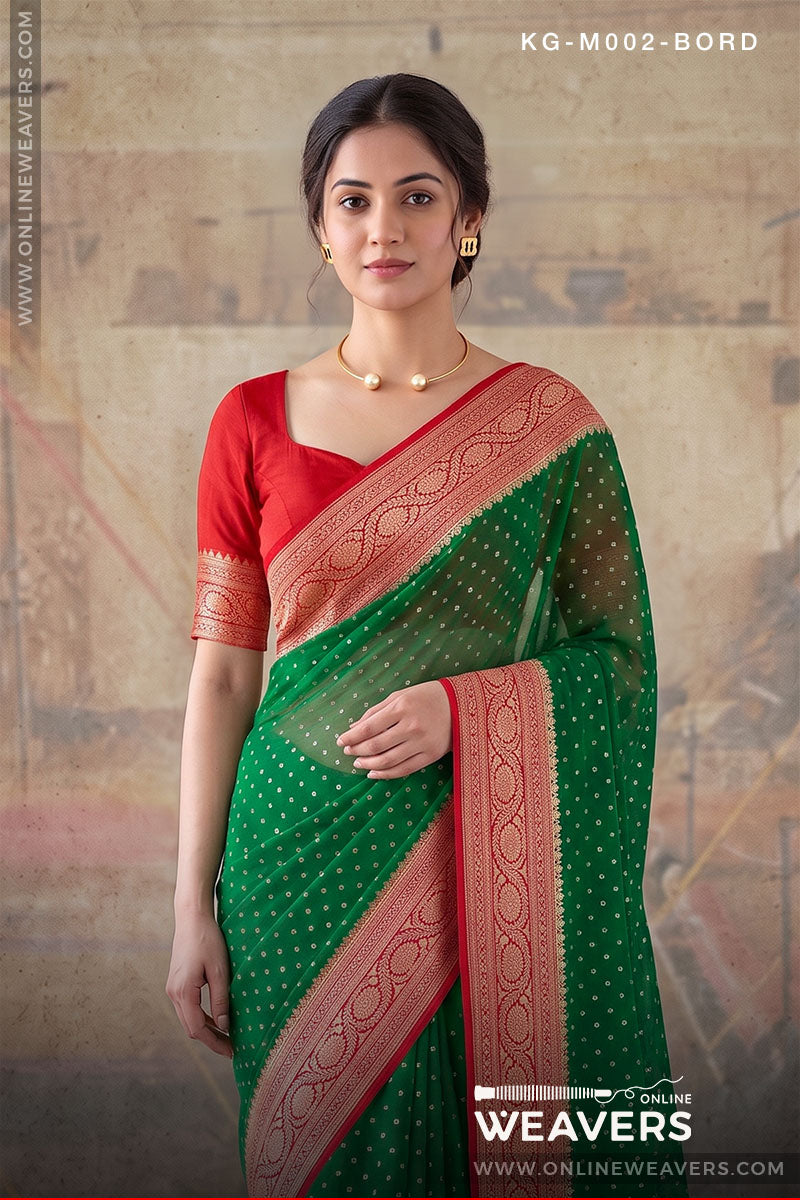 Bottle Green Red Khaddi Georgette Saree Banaras manufacturer-onlineweavers.com