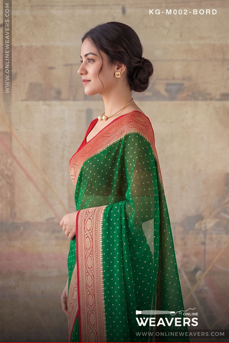 Bottle Green And Red Georgette Saree | KG-M002-BORD
