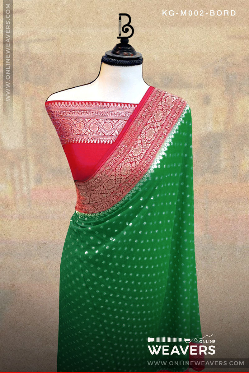 Bottle Green Red Khaddi Georgette Saree Banaras manufacturer-onlineweavers.com