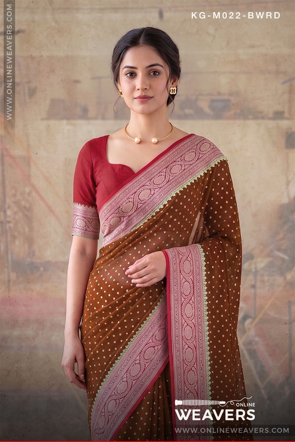 Brown Red Khaddi Georgette Saree Banaras manufacturer-onlineweavers.com