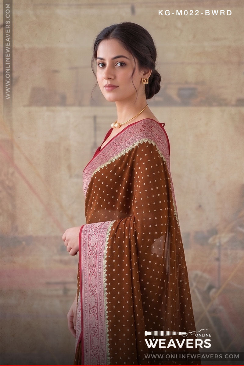 Brown Red Khaddi Georgette Saree Banaras manufacturer-onlineweavers.com