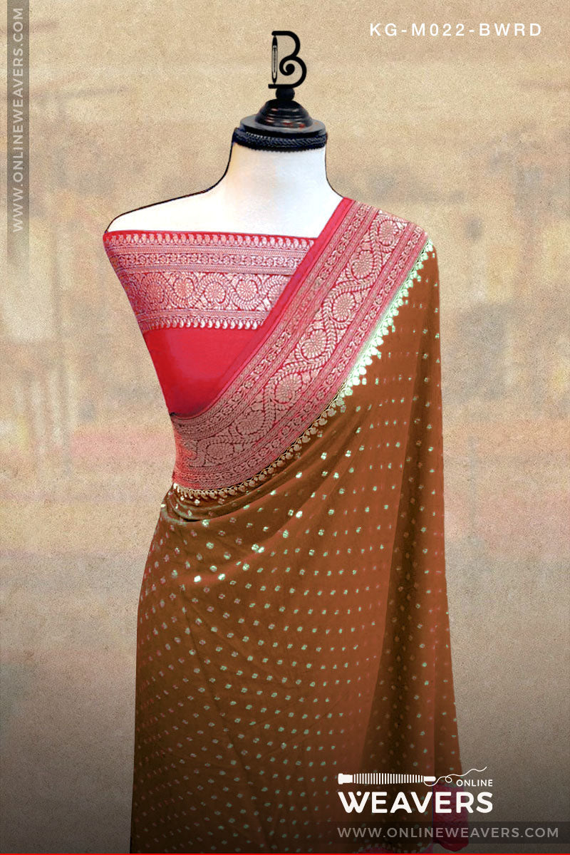 Brown Red Khaddi Georgette Saree Banaras manufacturer-onlineweavers.com