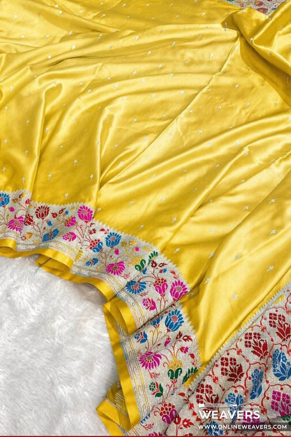 Canary Yellow Banarasi Mashru Silk Saree with floral border -KLM111 | OnlineWeavers