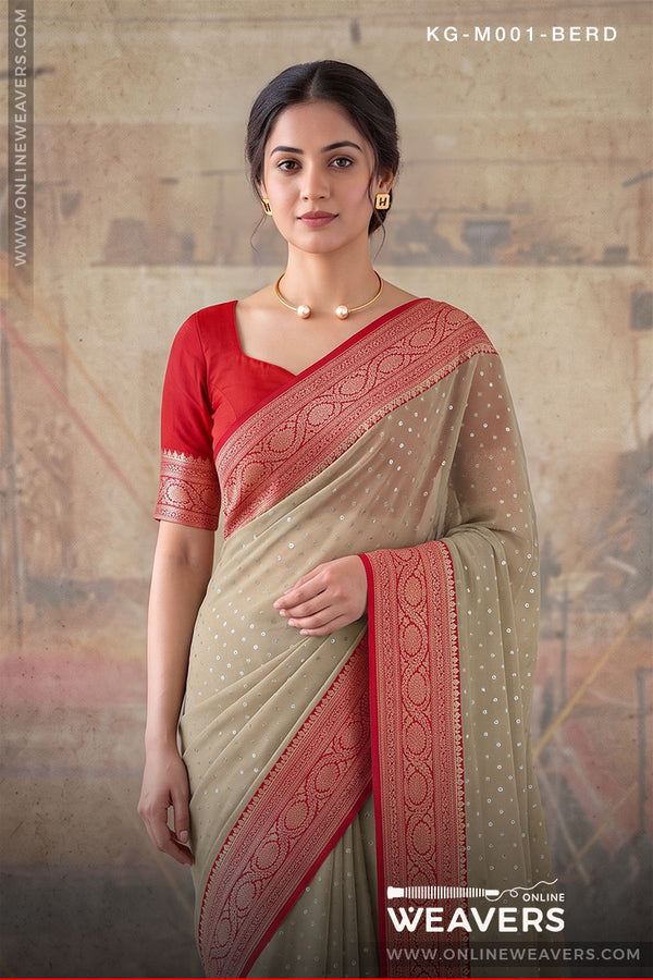 Cream White Red Khaddi Georgette Saree Banaras manufacturer-onlineweavers.com