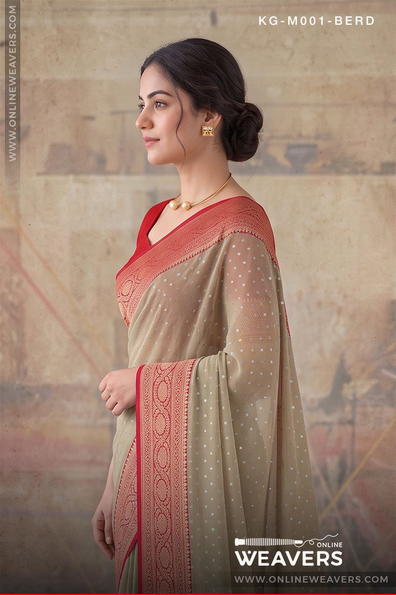 Cream White Red Khaddi Georgette Saree Banaras manufacturer-onlineweavers.com