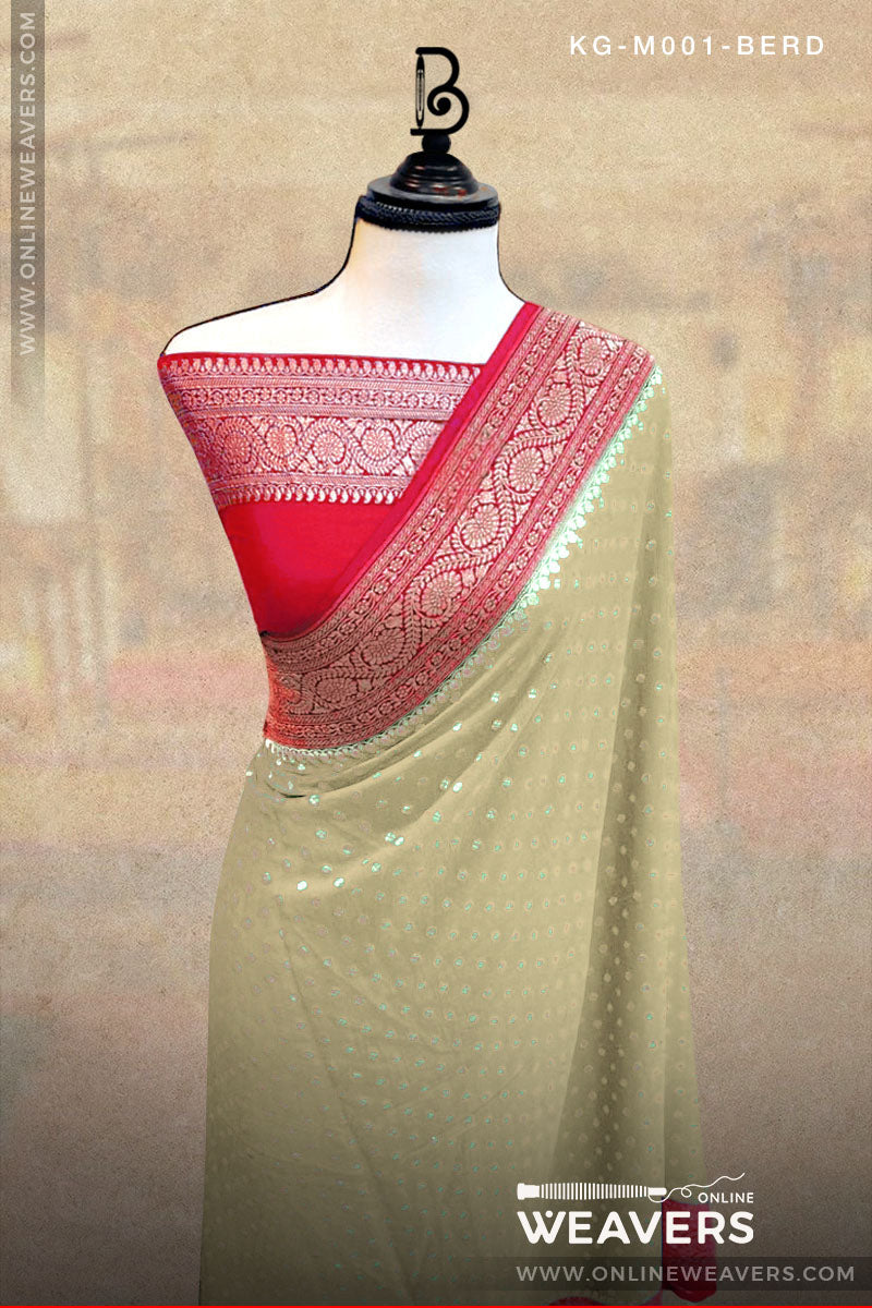 Cream White Red Khaddi Georgette Saree Banaras manufacturer-onlineweavers.com