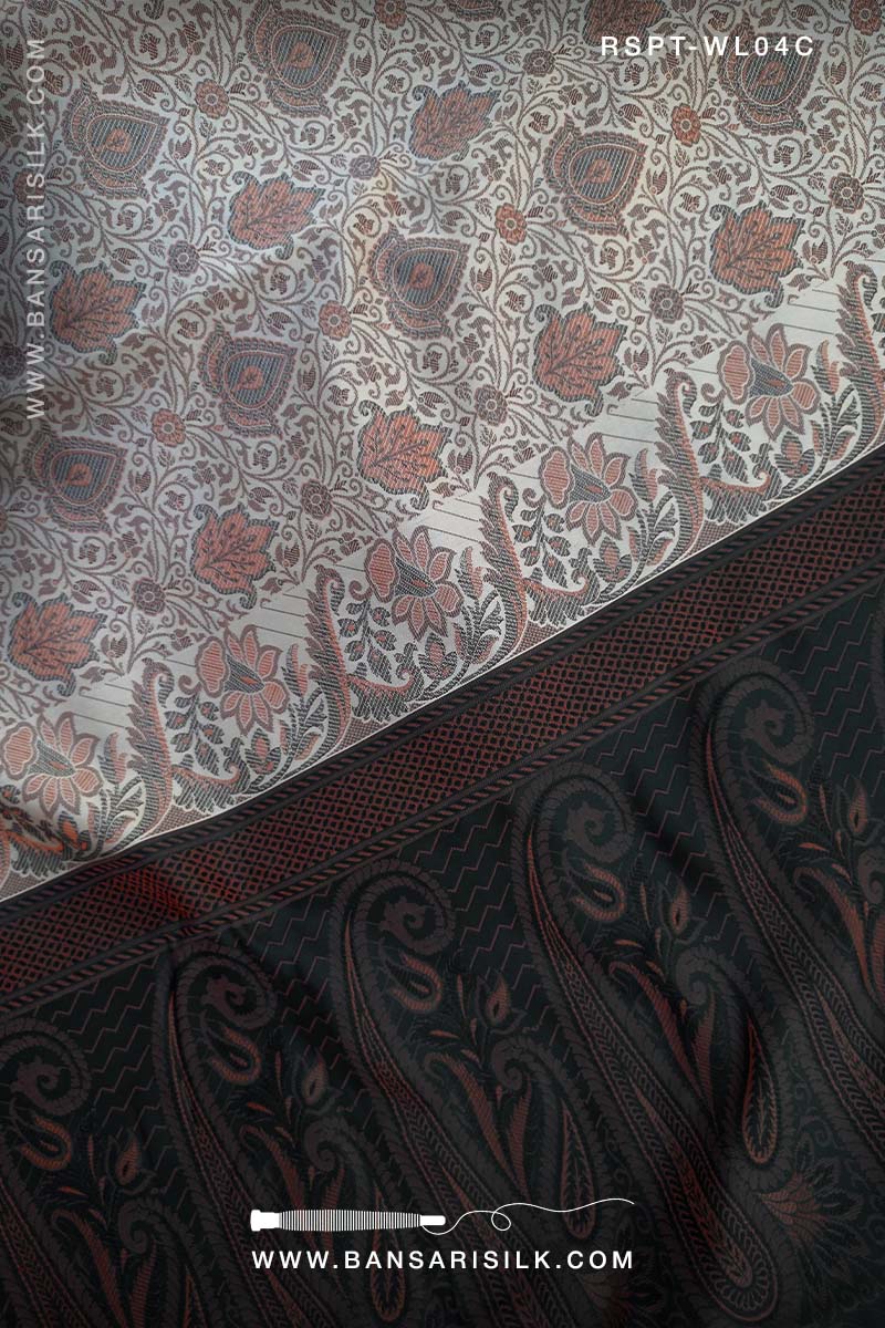 Cream and black Resham Banarasi Silk Saree soft and lightweight for office and events 