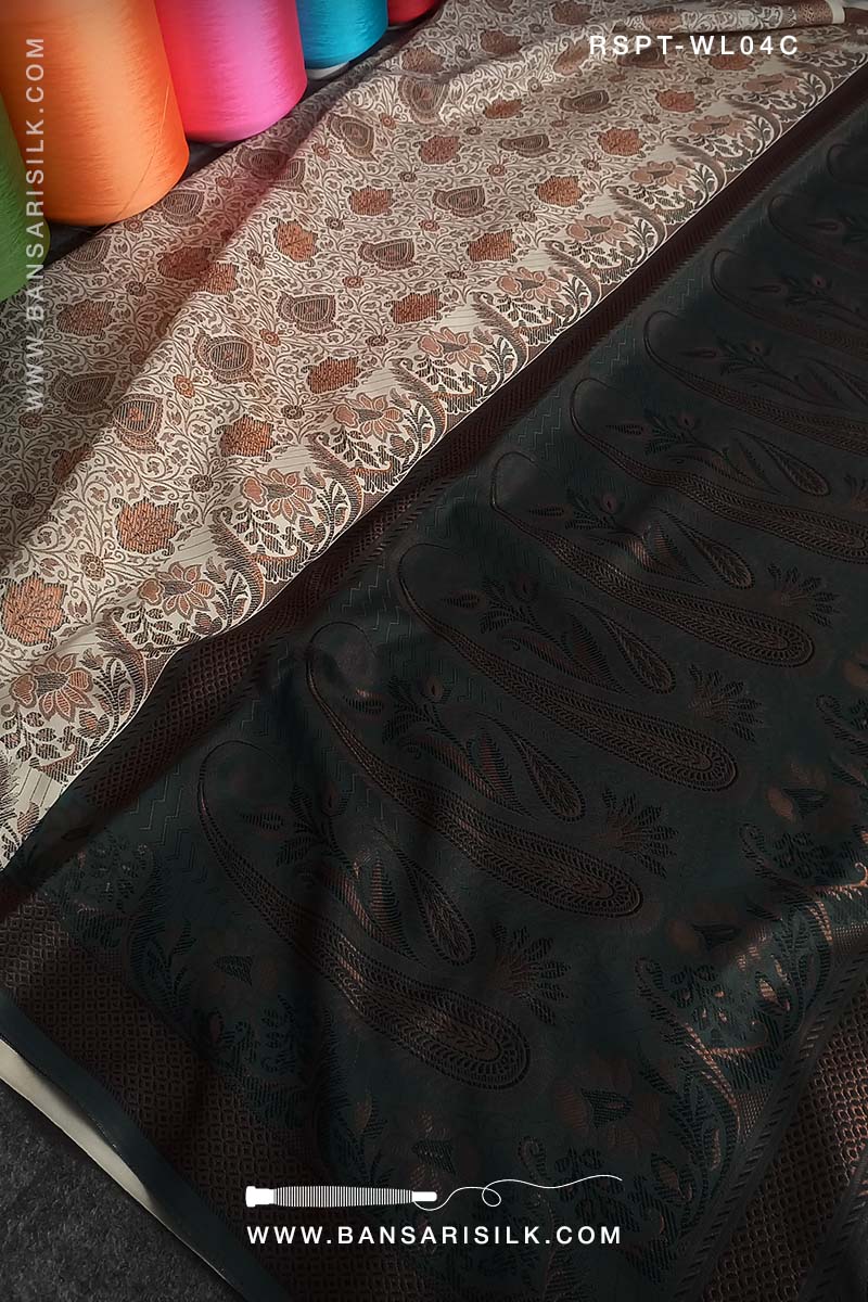 Cream and black Resham Banarasi Silk Saree soft and lightweight for office and events 