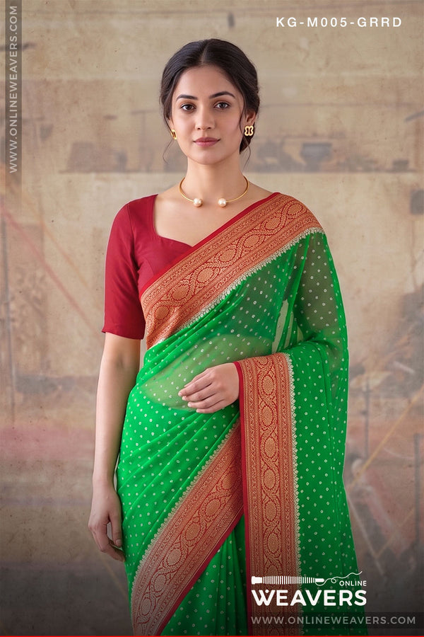 Green Red Khaddi Georgette Saree Banaras manufacturer-onlineweavers.com