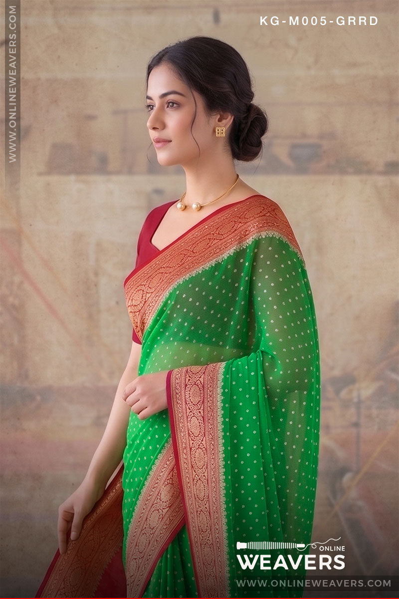 Green Red Khaddi Georgette Saree Banaras manufacturer-onlineweavers.com