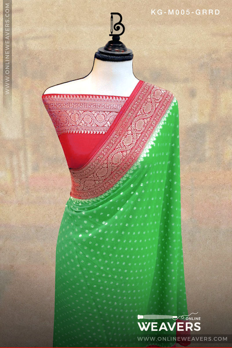Green Red Khaddi Georgette Saree Banaras manufacturer-onlineweavers.com