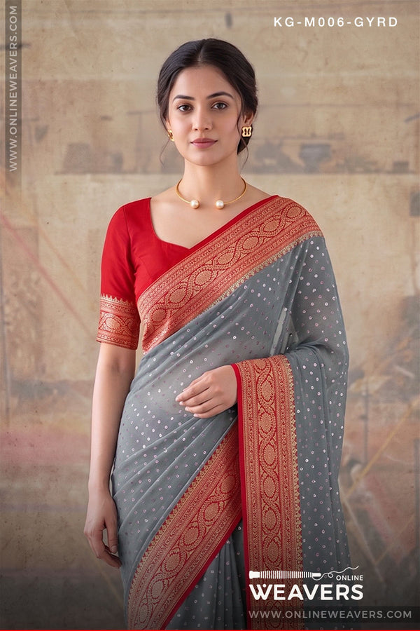 Grey Red Khaddi Georgette Saree Banaras manufacturer-onlineweavers.com